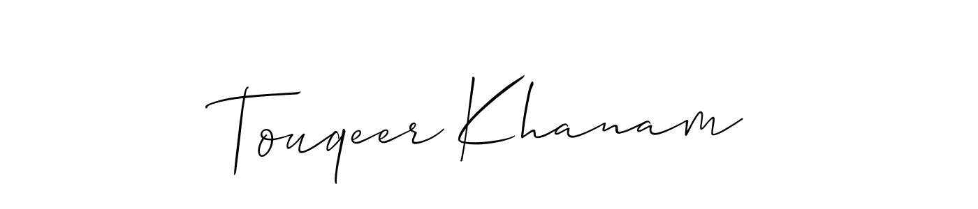 Allison_Script is a professional signature style that is perfect for those who want to add a touch of class to their signature. It is also a great choice for those who want to make their signature more unique. Get Touqeer Khanam name to fancy signature for free. Touqeer Khanam signature style 2 images and pictures png