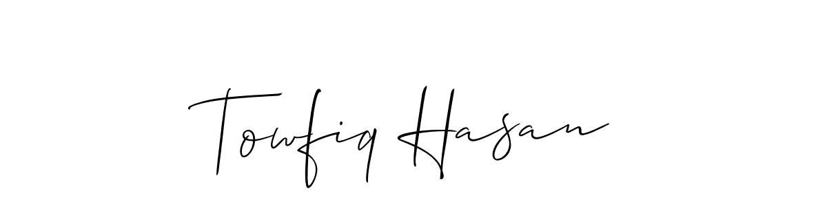 The best way (Allison_Script) to make a short signature is to pick only two or three words in your name. The name Towfiq Hasan include a total of six letters. For converting this name. Towfiq Hasan signature style 2 images and pictures png