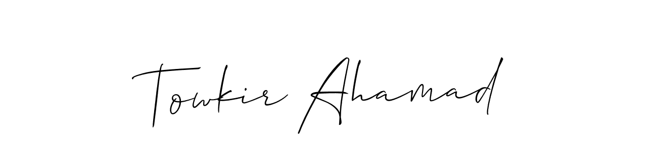 Allison_Script is a professional signature style that is perfect for those who want to add a touch of class to their signature. It is also a great choice for those who want to make their signature more unique. Get Towkir Ahamad name to fancy signature for free. Towkir Ahamad signature style 2 images and pictures png