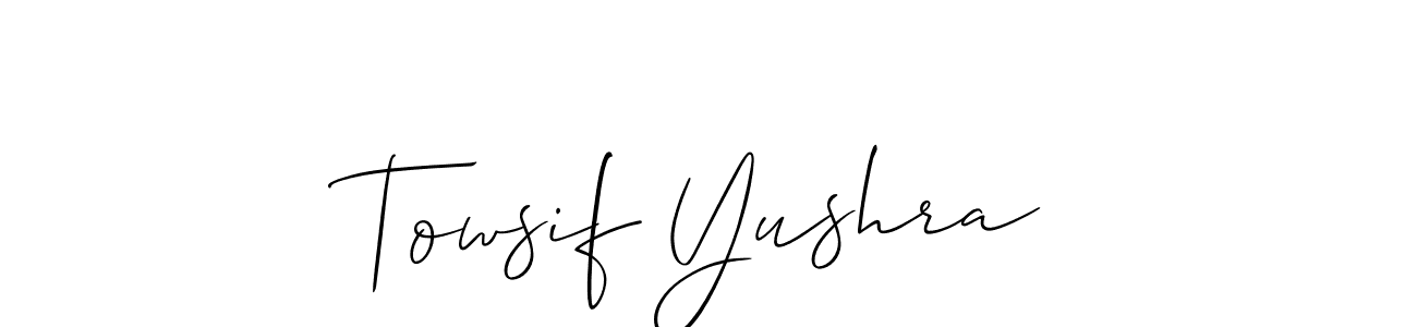 The best way (Allison_Script) to make a short signature is to pick only two or three words in your name. The name Towsif Yushra include a total of six letters. For converting this name. Towsif Yushra signature style 2 images and pictures png