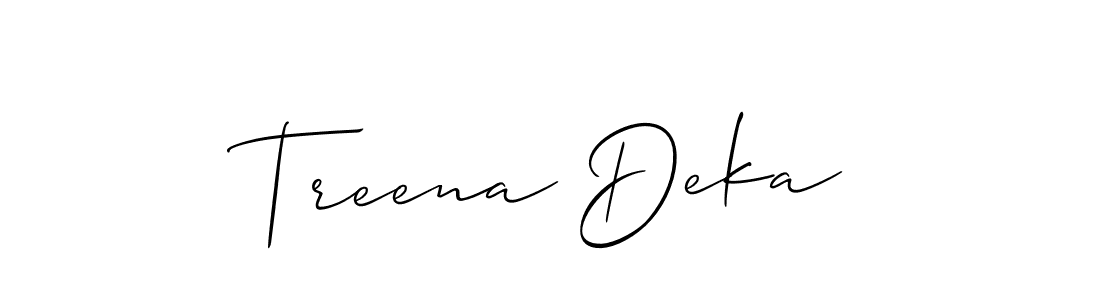 The best way (Allison_Script) to make a short signature is to pick only two or three words in your name. The name Treena Deka include a total of six letters. For converting this name. Treena Deka signature style 2 images and pictures png