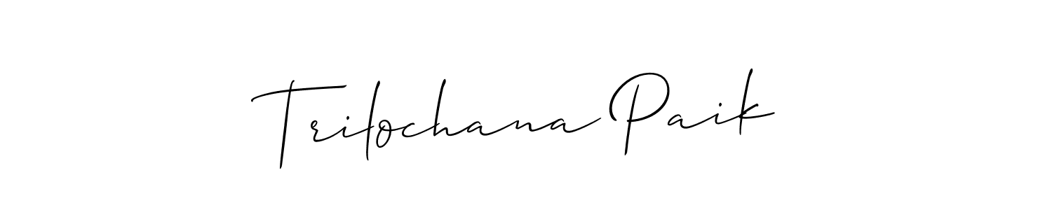 The best way (Allison_Script) to make a short signature is to pick only two or three words in your name. The name Trilochana Paik include a total of six letters. For converting this name. Trilochana Paik signature style 2 images and pictures png