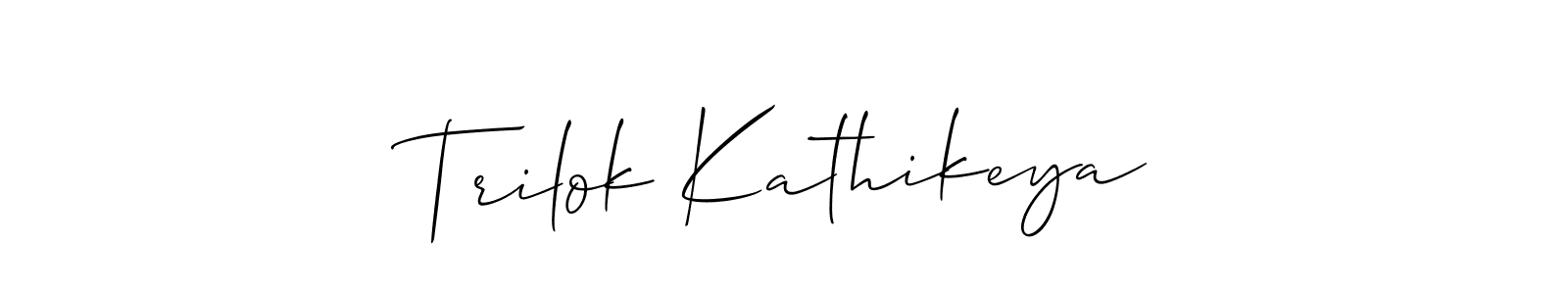 This is the best signature style for the Trilok Kathikeya name. Also you like these signature font (Allison_Script). Mix name signature. Trilok Kathikeya signature style 2 images and pictures png