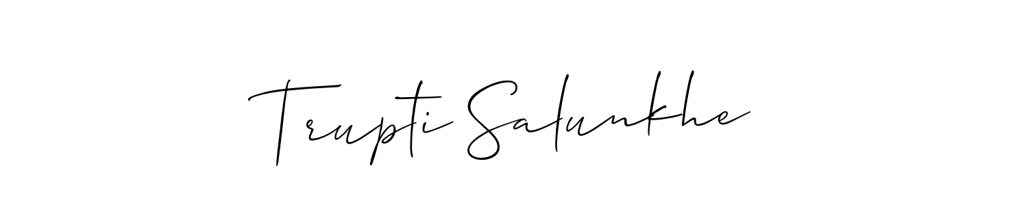 The best way (Allison_Script) to make a short signature is to pick only two or three words in your name. The name Trupti Salunkhe include a total of six letters. For converting this name. Trupti Salunkhe signature style 2 images and pictures png