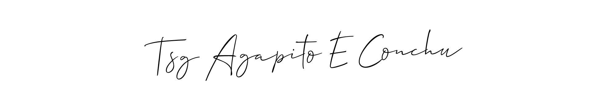 The best way (Allison_Script) to make a short signature is to pick only two or three words in your name. The name Tsg Agapito E Conchu include a total of six letters. For converting this name. Tsg Agapito E Conchu signature style 2 images and pictures png