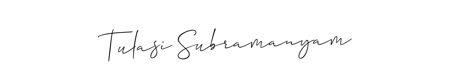 if you are searching for the best signature style for your name Tulasi Subramanyam. so please give up your signature search. here we have designed multiple signature styles  using Allison_Script. Tulasi Subramanyam signature style 2 images and pictures png