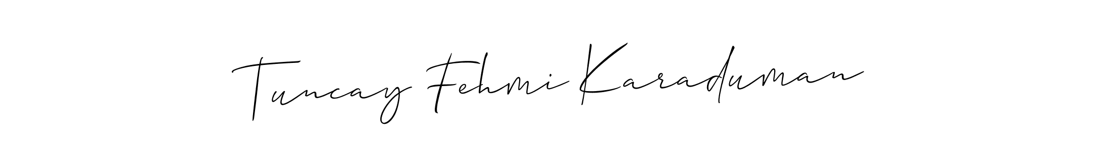 Make a short Tuncay Fehmi Karaduman signature style. Manage your documents anywhere anytime using Allison_Script. Create and add eSignatures, submit forms, share and send files easily. Tuncay Fehmi Karaduman signature style 2 images and pictures png