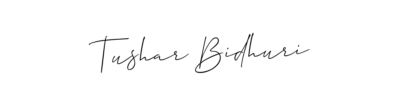The best way (Allison_Script) to make a short signature is to pick only two or three words in your name. The name Tushar Bidhuri include a total of six letters. For converting this name. Tushar Bidhuri signature style 2 images and pictures png