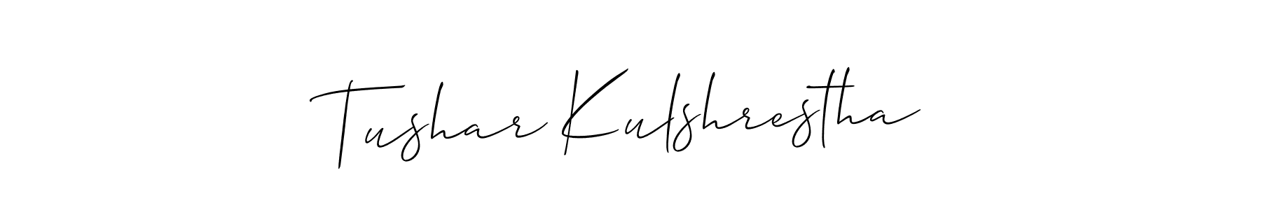 The best way (Allison_Script) to make a short signature is to pick only two or three words in your name. The name Tushar Kulshrestha include a total of six letters. For converting this name. Tushar Kulshrestha signature style 2 images and pictures png