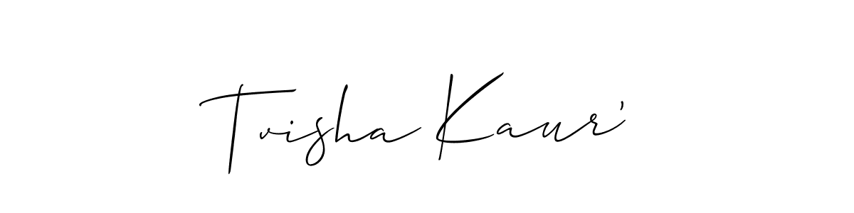 The best way (Allison_Script) to make a short signature is to pick only two or three words in your name. The name Tvisha Kaur' include a total of six letters. For converting this name. Tvisha Kaur' signature style 2 images and pictures png
