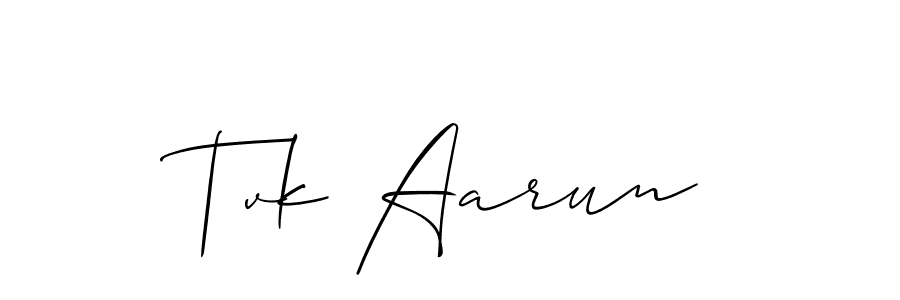 How to make Tvk Aarun name signature. Use Allison_Script style for creating short signs online. This is the latest handwritten sign. Tvk Aarun signature style 2 images and pictures png