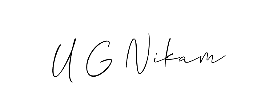 The best way (Allison_Script) to make a short signature is to pick only two or three words in your name. The name U G Nikam include a total of six letters. For converting this name. U G Nikam signature style 2 images and pictures png