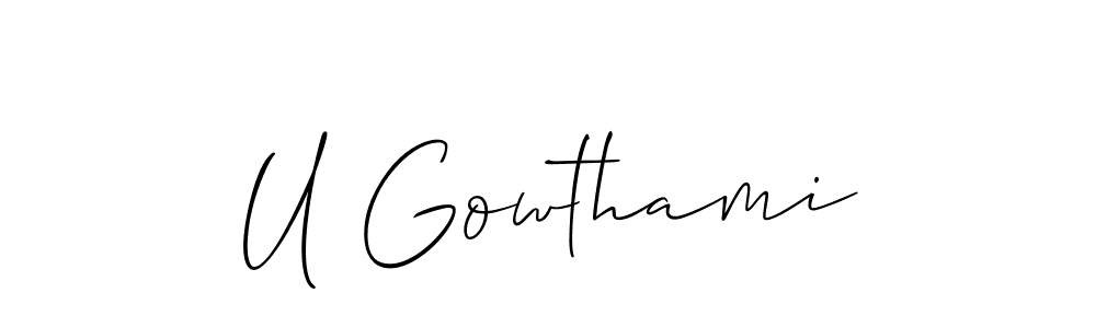 if you are searching for the best signature style for your name U Gowthami. so please give up your signature search. here we have designed multiple signature styles  using Allison_Script. U Gowthami signature style 2 images and pictures png