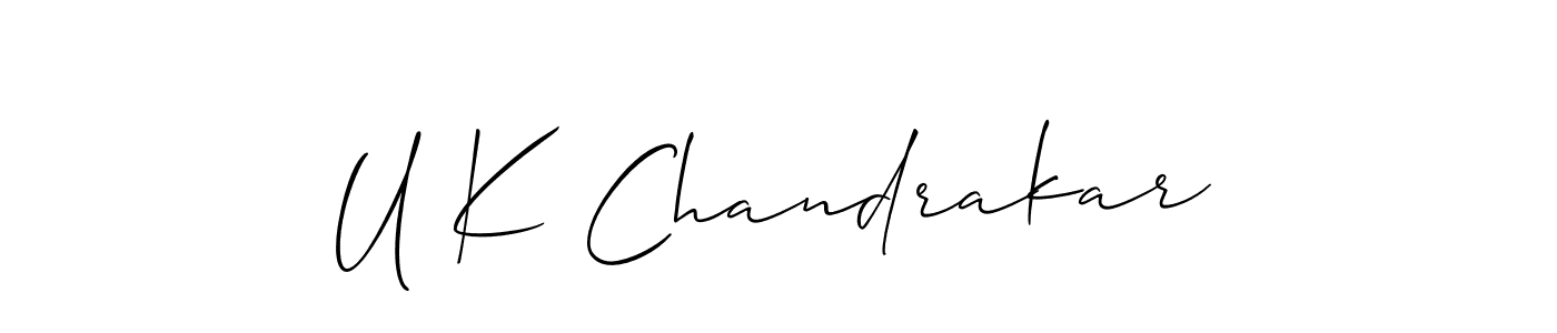 The best way (Allison_Script) to make a short signature is to pick only two or three words in your name. The name U K Chandrakar include a total of six letters. For converting this name. U K Chandrakar signature style 2 images and pictures png