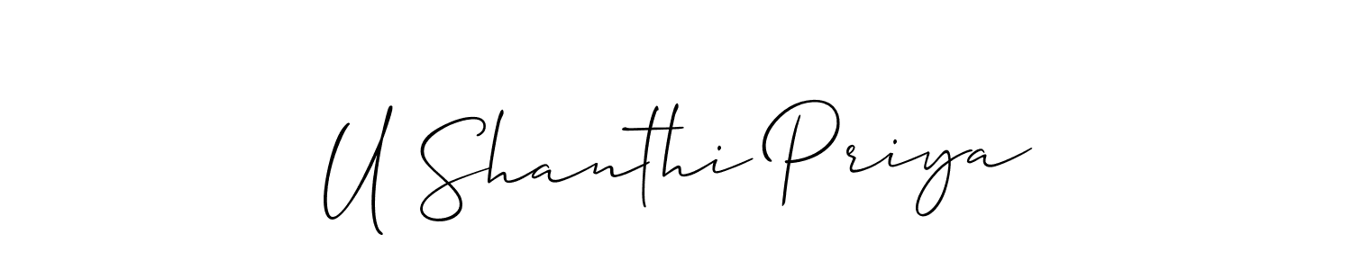 if you are searching for the best signature style for your name U Shanthi Priya. so please give up your signature search. here we have designed multiple signature styles  using Allison_Script. U Shanthi Priya signature style 2 images and pictures png