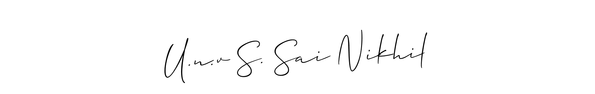 if you are searching for the best signature style for your name U.n.v S. Sai Nikhil. so please give up your signature search. here we have designed multiple signature styles  using Allison_Script. U.n.v S. Sai Nikhil signature style 2 images and pictures png