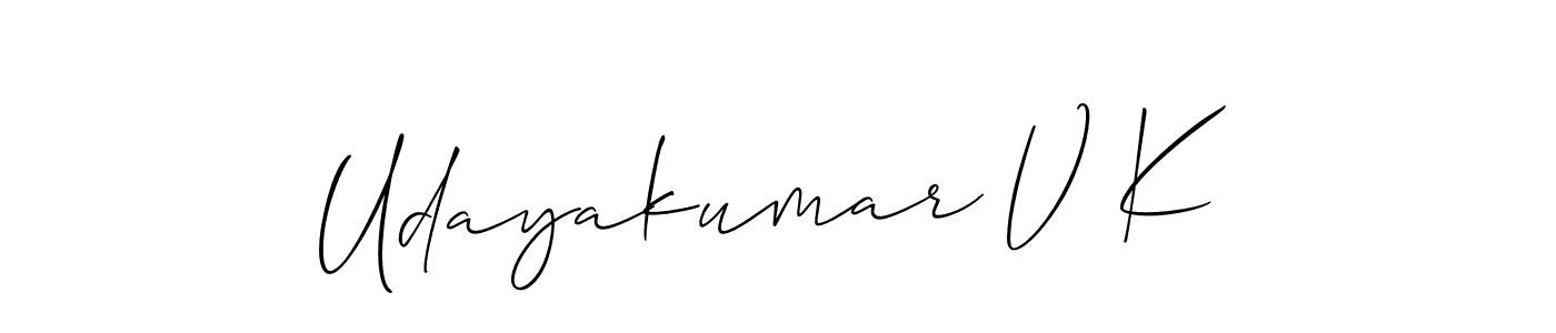 Use a signature maker to create a handwritten signature online. With this signature software, you can design (Allison_Script) your own signature for name Udayakumar V K. Udayakumar V K signature style 2 images and pictures png