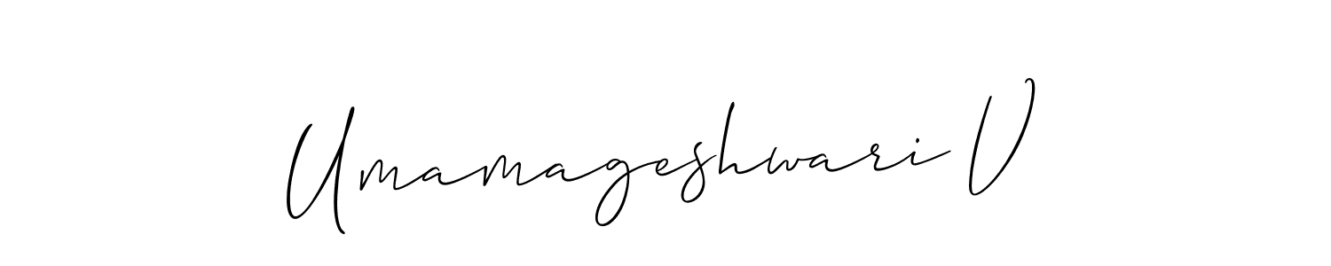 The best way (Allison_Script) to make a short signature is to pick only two or three words in your name. The name Umamageshwari V include a total of six letters. For converting this name. Umamageshwari V signature style 2 images and pictures png