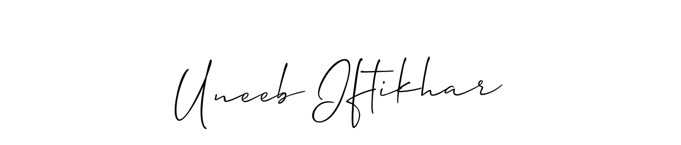 The best way (Allison_Script) to make a short signature is to pick only two or three words in your name. The name Uneeb Iftikhar include a total of six letters. For converting this name. Uneeb Iftikhar signature style 2 images and pictures png