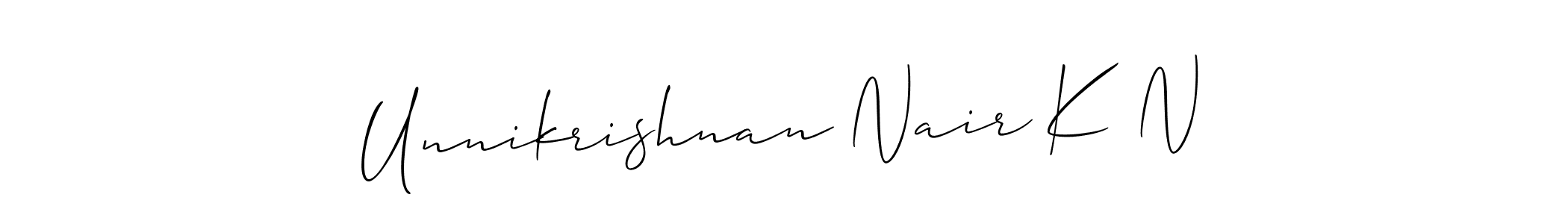 if you are searching for the best signature style for your name Unnikrishnan Nair K N. so please give up your signature search. here we have designed multiple signature styles  using Allison_Script. Unnikrishnan Nair K N signature style 2 images and pictures png