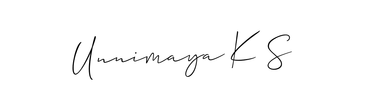 Similarly Allison_Script is the best handwritten signature design. Signature creator online .You can use it as an online autograph creator for name Unnimaya K S. Unnimaya K S signature style 2 images and pictures png