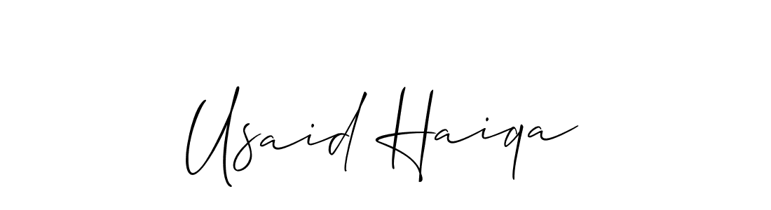 How to make Usaid Haiqa name signature. Use Allison_Script style for creating short signs online. This is the latest handwritten sign. Usaid Haiqa signature style 2 images and pictures png