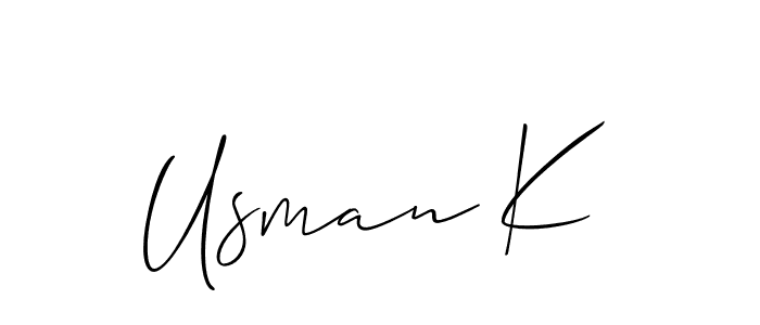 The best way (Allison_Script) to make a short signature is to pick only two or three words in your name. The name Usman K include a total of six letters. For converting this name. Usman K signature style 2 images and pictures png