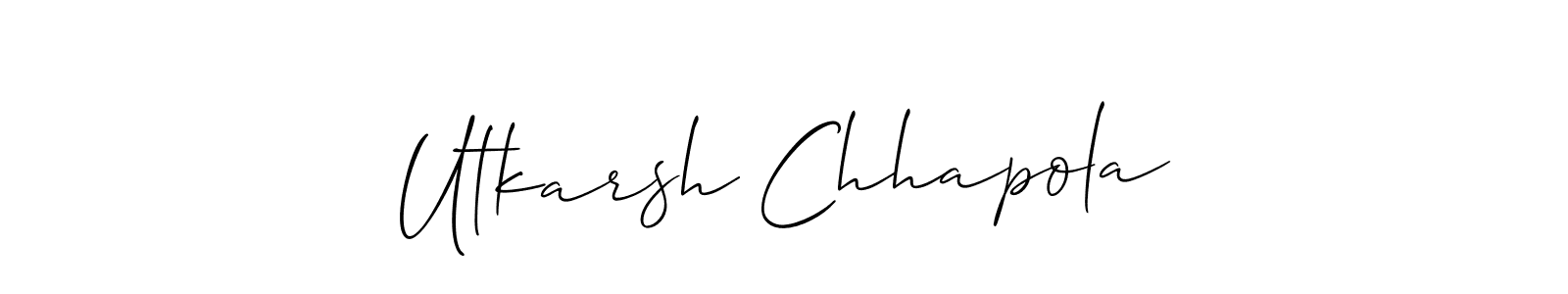 The best way (Allison_Script) to make a short signature is to pick only two or three words in your name. The name Utkarsh Chhapola include a total of six letters. For converting this name. Utkarsh Chhapola signature style 2 images and pictures png
