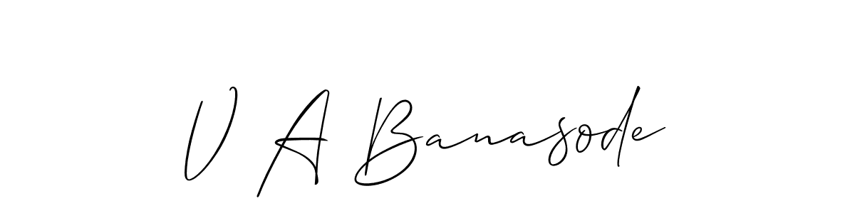How to make V A Banasode name signature. Use Allison_Script style for creating short signs online. This is the latest handwritten sign. V A Banasode signature style 2 images and pictures png