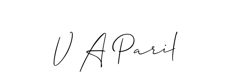Similarly Allison_Script is the best handwritten signature design. Signature creator online .You can use it as an online autograph creator for name V A Paril. V A Paril signature style 2 images and pictures png