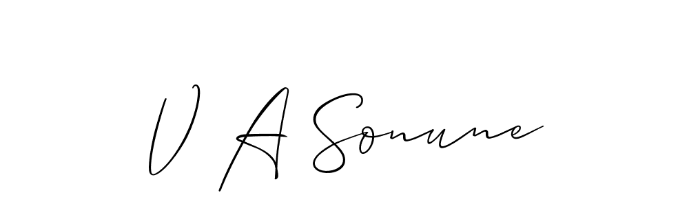 The best way (Allison_Script) to make a short signature is to pick only two or three words in your name. The name V A Sonune include a total of six letters. For converting this name. V A Sonune signature style 2 images and pictures png