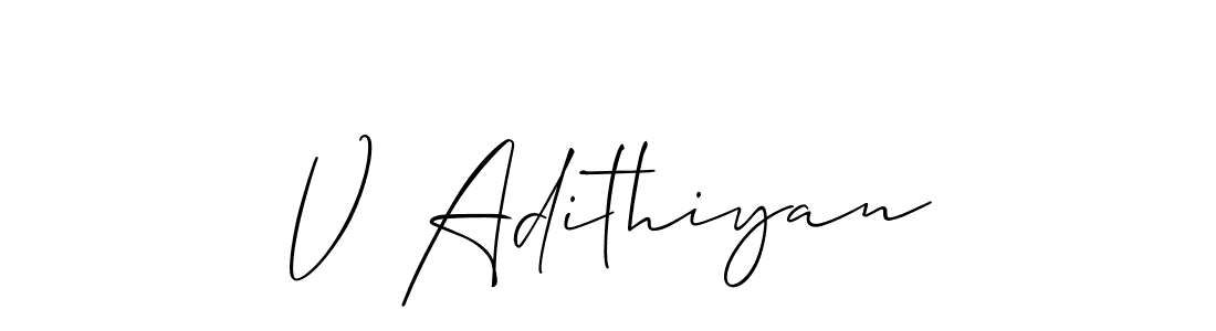 How to make V Adithiyan name signature. Use Allison_Script style for creating short signs online. This is the latest handwritten sign. V Adithiyan signature style 2 images and pictures png