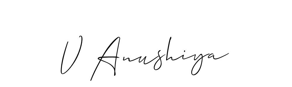 The best way (Allison_Script) to make a short signature is to pick only two or three words in your name. The name V Anushiya include a total of six letters. For converting this name. V Anushiya signature style 2 images and pictures png