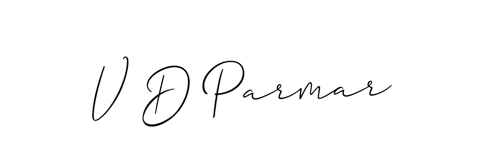 The best way (Allison_Script) to make a short signature is to pick only two or three words in your name. The name V D Parmar include a total of six letters. For converting this name. V D Parmar signature style 2 images and pictures png