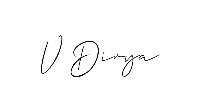 Use a signature maker to create a handwritten signature online. With this signature software, you can design (Allison_Script) your own signature for name V Divya. V Divya signature style 2 images and pictures png