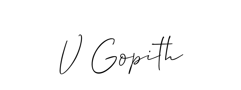 if you are searching for the best signature style for your name V Gopith. so please give up your signature search. here we have designed multiple signature styles  using Allison_Script. V Gopith signature style 2 images and pictures png