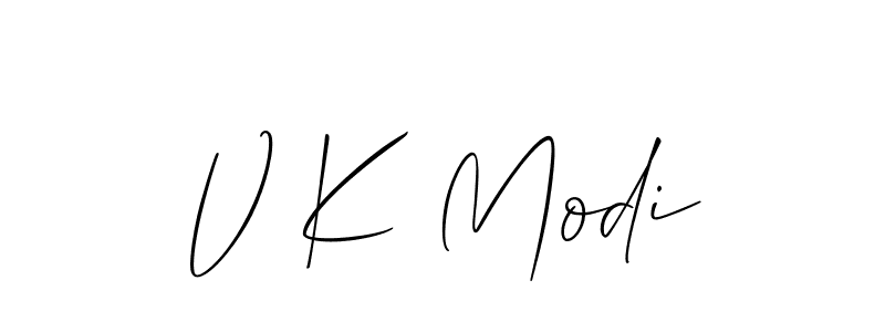 The best way (Allison_Script) to make a short signature is to pick only two or three words in your name. The name V K Modi include a total of six letters. For converting this name. V K Modi signature style 2 images and pictures png