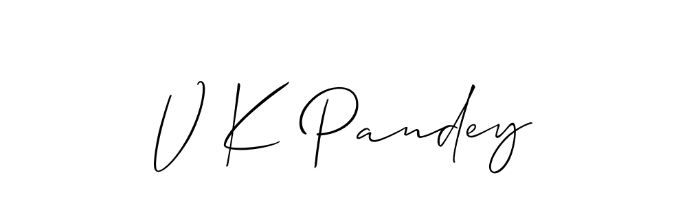The best way (Allison_Script) to make a short signature is to pick only two or three words in your name. The name V K Pandey include a total of six letters. For converting this name. V K Pandey signature style 2 images and pictures png