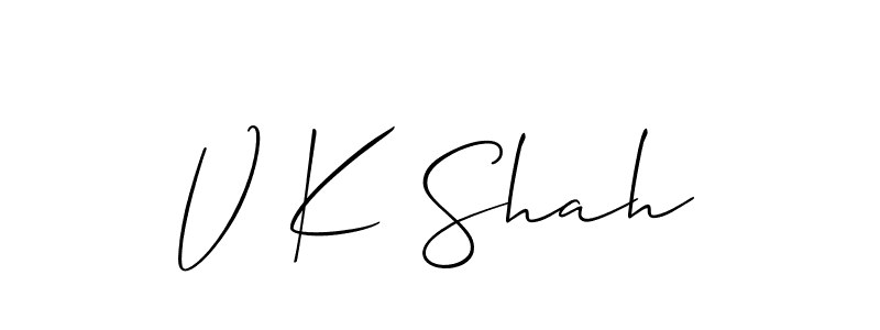 The best way (Allison_Script) to make a short signature is to pick only two or three words in your name. The name V K Shah include a total of six letters. For converting this name. V K Shah signature style 2 images and pictures png