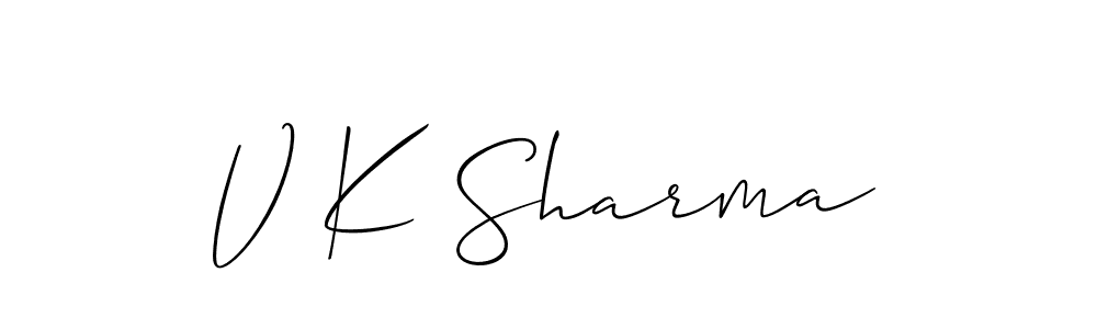 The best way (Allison_Script) to make a short signature is to pick only two or three words in your name. The name V K Sharma include a total of six letters. For converting this name. V K Sharma signature style 2 images and pictures png