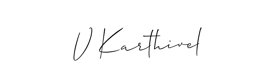 The best way (Allison_Script) to make a short signature is to pick only two or three words in your name. The name V Karthivel include a total of six letters. For converting this name. V Karthivel signature style 2 images and pictures png