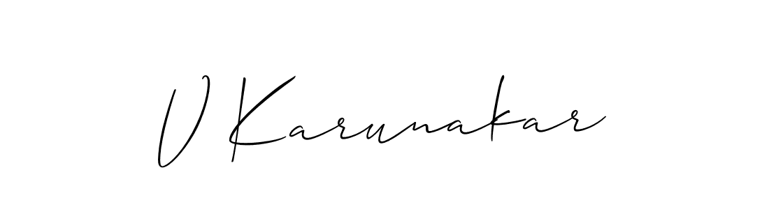 The best way (Allison_Script) to make a short signature is to pick only two or three words in your name. The name V Karunakar include a total of six letters. For converting this name. V Karunakar signature style 2 images and pictures png