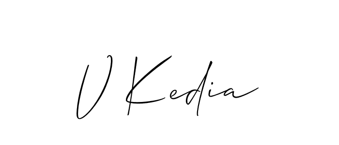 The best way (Allison_Script) to make a short signature is to pick only two or three words in your name. The name V Kedia include a total of six letters. For converting this name. V Kedia signature style 2 images and pictures png