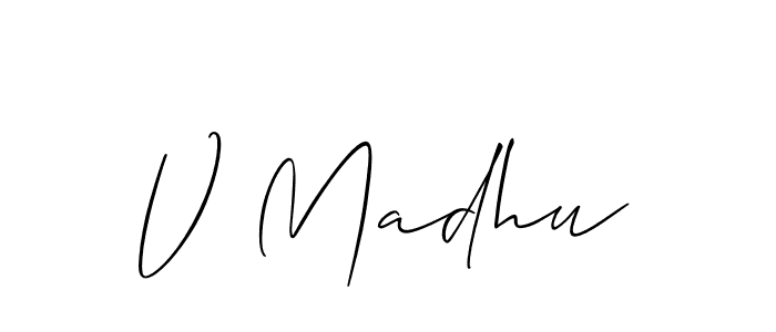 if you are searching for the best signature style for your name V Madhu. so please give up your signature search. here we have designed multiple signature styles  using Allison_Script. V Madhu signature style 2 images and pictures png