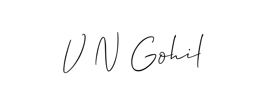 The best way (Allison_Script) to make a short signature is to pick only two or three words in your name. The name V N Gohil include a total of six letters. For converting this name. V N Gohil signature style 2 images and pictures png
