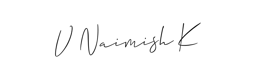 The best way (Allison_Script) to make a short signature is to pick only two or three words in your name. The name V Naimish K include a total of six letters. For converting this name. V Naimish K signature style 2 images and pictures png