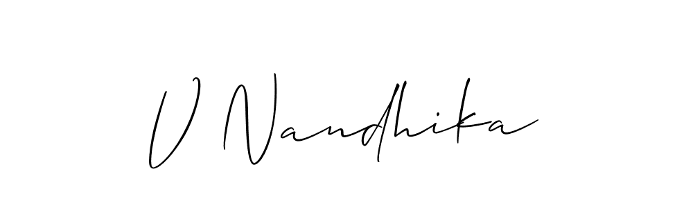 Also we have V Nandhika name is the best signature style. Create professional handwritten signature collection using Allison_Script autograph style. V Nandhika signature style 2 images and pictures png