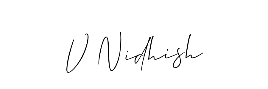 Also You can easily find your signature by using the search form. We will create V Nidhish name handwritten signature images for you free of cost using Allison_Script sign style. V Nidhish signature style 2 images and pictures png