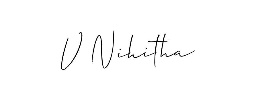 The best way (Allison_Script) to make a short signature is to pick only two or three words in your name. The name V Nihitha include a total of six letters. For converting this name. V Nihitha signature style 2 images and pictures png