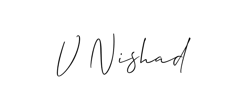 if you are searching for the best signature style for your name V Nishad. so please give up your signature search. here we have designed multiple signature styles  using Allison_Script. V Nishad signature style 2 images and pictures png